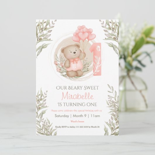 1歳の誕生日かわいいテディベア桃のハートバルーン 招待状 (スタンド正面)