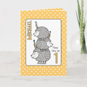 1歳の誕生日かわいいマンガ子供へーおもしろいハリネズミ カード (正面)