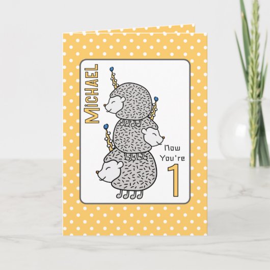 1歳の誕生日かわいいマンガ子供へーおもしろいハリネズミ カード (正面)