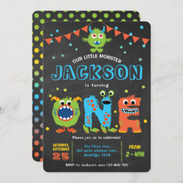 1歳の誕生日かわいい小さなモンスターパーティーの黒板 招待状