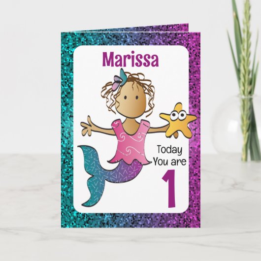 1歳の誕生日かわいい甘いエスニックマーメイドマンガ カード (正面)