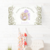 1歳の誕生日かわいい紫のテディベア緑 横断幕 (インサイチュ)