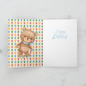 1歳の誕生日かわいい青いバルーン男の子テディカード カード (内部)