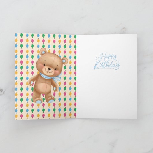 1歳の誕生日かわいい青いバルーン男の子テディカード カード (内部)