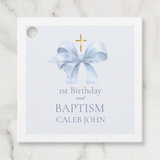 1歳の誕生日とバプテスマの贈り物ラベル – ブルーボウ フェイバータグ (正面)