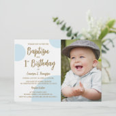 1歳の誕生日と洗礼の写真 青と金のカスタム 招待状 (スタンド正面)