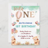 1歳の誕生日にカラフル気球を付けたかわいいクマ 招待状 (正面)