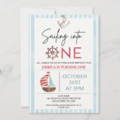 1歳の誕生日にセーリングするライトブルーの帆船 招待状 (正面)