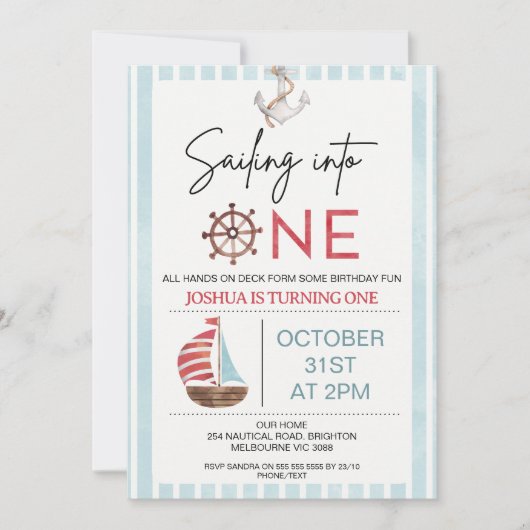 1歳の誕生日にセーリングするライトブルーの帆船 招待状 (正面)