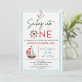 1歳の誕生日にセーリングするライトブルーの帆船 招待状 (スタンド正面)