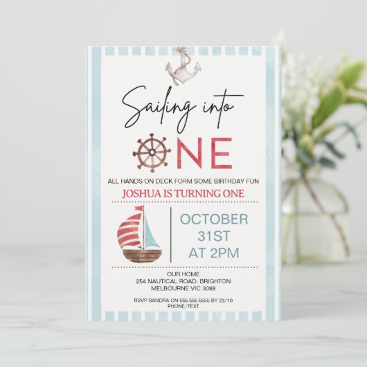 1歳の誕生日にセーリングするライトブルーの帆船 招待状 (スタンド正面)