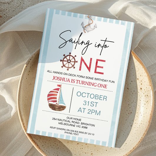 1歳の誕生日にセーリングするライトブルーの帆船 招待状