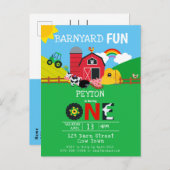 1歳の誕生日に動物園で納屋周囲の庭おもしろいキッズ インビテーションポストカード (正面/裏面)