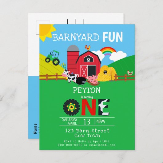 1歳の誕生日に動物園で納屋周囲の庭おもしろいキッズ インビテーションポストカード (正面/裏面)