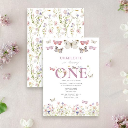 1歳の誕生日に咲く野花が蝶を一周 招待状