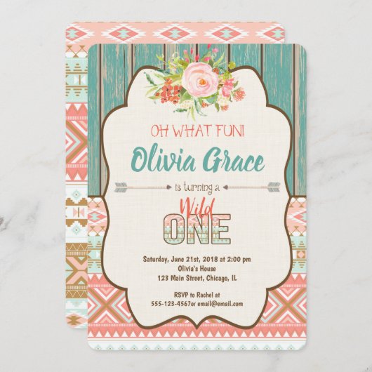 1歳の誕生日に招待された女の子の部族のボホ 招待状 (正面/裏面)