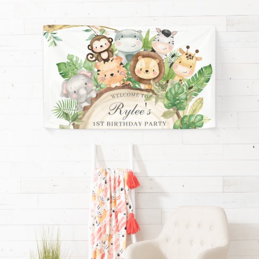 . .1歳の誕生日のおかしなジャングル動物たちの背景 横断幕 (インサイチュ)