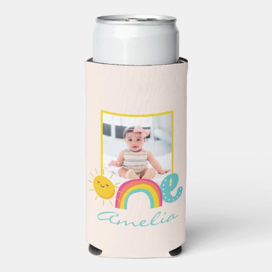 1歳の誕生日のお気に入りカスタム写真&名前レインボーワン スリム缶クーラー (Seltzer正面)