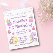 1歳の誕生日のカラフルのカップケーキ紫 招待状