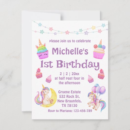 1歳の誕生日のカラフルのカップケーキ紫 招待状 (正面)