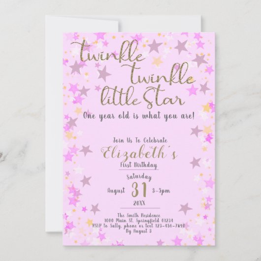 1歳の誕生日のトゥインクルリトルスターピンクの女の子 招待状 (正面)
