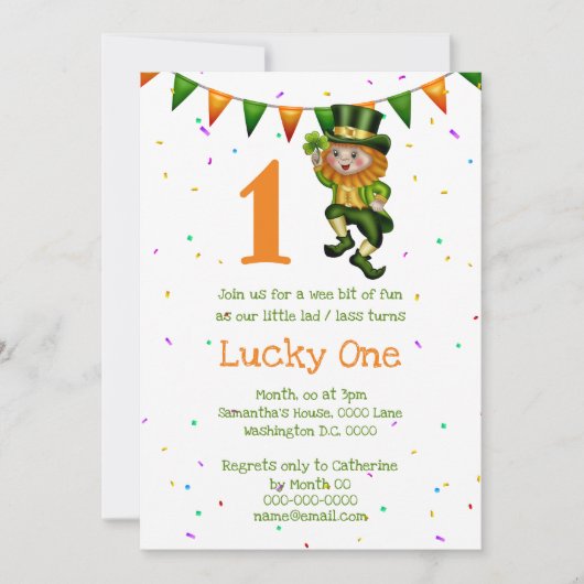 1歳の誕生日のレプレチョーン、幸運なクローバーアイルランド人 招待状 (正面)