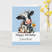 1歳の誕生日の乳牛ボーイブルーカード カード (黄色い花)