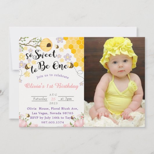 1歳の誕生日の写真を撮るのに非常に甘い 招待状 (正面)