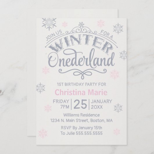 1歳の誕生日の冬のオンダーランドシルバーの雪片 招待状 (正面/裏面)