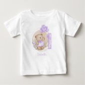 1歳の誕生日の名前かわいいテディベアパープル ベビーTシャツ (正面)