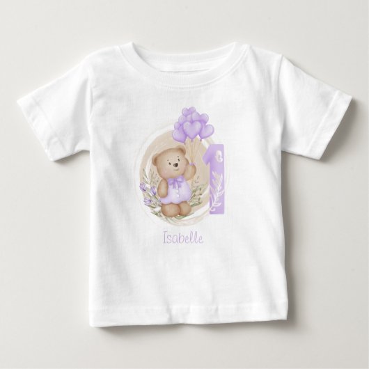 1歳の誕生日の名前かわいいテディベアパープル ベビーTシャツ (正面)