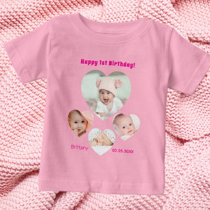 1歳の誕生日の名前の年齢の写真コラージュ赤ちゃん女の子ピンク ベビーTシャツ