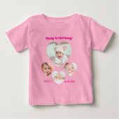 1歳の誕生日の名前の年齢の写真コラージュ赤ちゃん女の子ピンク ベビーTシャツ (正面)