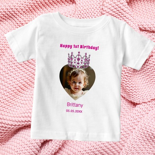 1歳の誕生日の名前の年齢photo pink tiara baby girl ベビーTシャツ