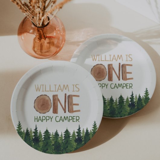 1歳の誕生日の名前素朴ワンハッピーキャンパー ペーパープレート