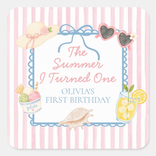 1歳の誕生日の夏 紙皿 スクエアシール (正面)