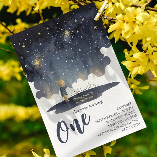 1歳の誕生日の天星の水の色の少年モダン 招待状