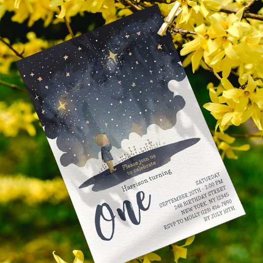 1歳の誕生日の天星の水の色の少年モダン 招待状