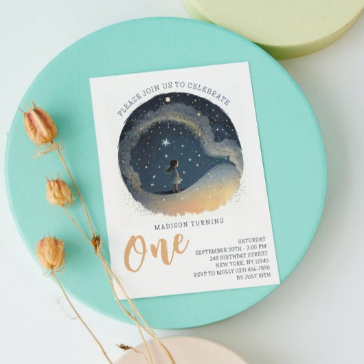 1歳の誕生日の天星の水彩少女モダン 招待状
