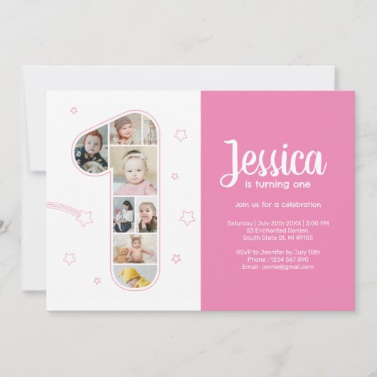 1歳の誕生日の女の子ナンバー1カスタムフォトコラージュ 招待状 (正面)