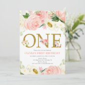 1歳の誕生日の女の子、優しいピンクとゴールドの花のエレガントなデザイン 招待状 (スタンド正面)