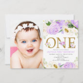 1歳の誕生日の女の子、紫と金の花の写真 招待状 (正面)