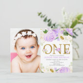 1歳の誕生日の女の子、紫の金ゴールドフローラ写真 招待状 (スタンド正面)