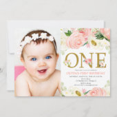 1歳の誕生日の女の子、赤面ピンク金ゴールドフローラ写真 招待状 (正面)