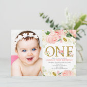 1歳の誕生日の女の子、赤面ピンク金ゴールドフローラ写真 招待状 (スタンド正面)