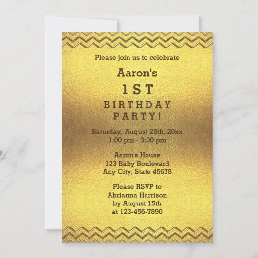 1歳の誕生日の少年のエスニックフォンバルーン金ゴールドシェブロン 招待状 (裏面)