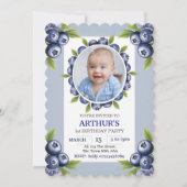 1歳の誕生日の少年の最初の誕生日ブルーベリー 招待状 (正面)