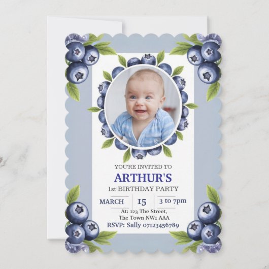 1歳の誕生日の少年の最初の誕生日ブルーベリー 招待状 (正面)