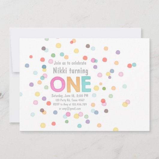 1歳の誕生日の招待ガールウォーターカラー紙吹雪 招待状 (正面)