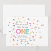 1歳の誕生日の招待ガールウォーターカラー紙吹雪 招待状 (正面/裏面)